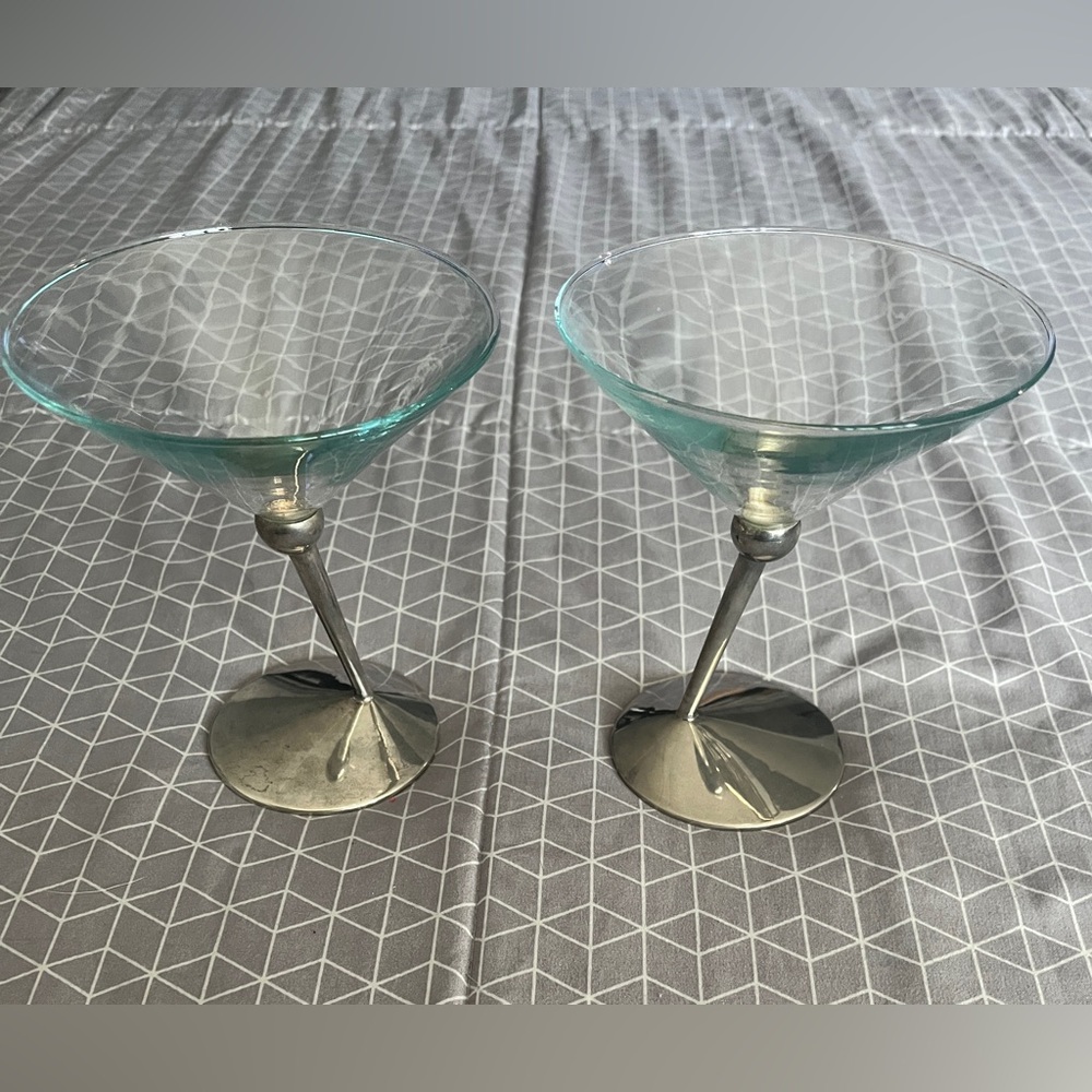 Vintage Promo Beefeater Gin Martini Glasses- 2- Angled Silver Plated Stems